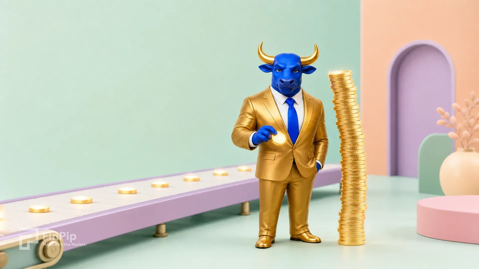 A pastel scene where the FinPip bull mascot rides a slow-moving conveyor collecting glowing coins, with a steep drop looming ahead