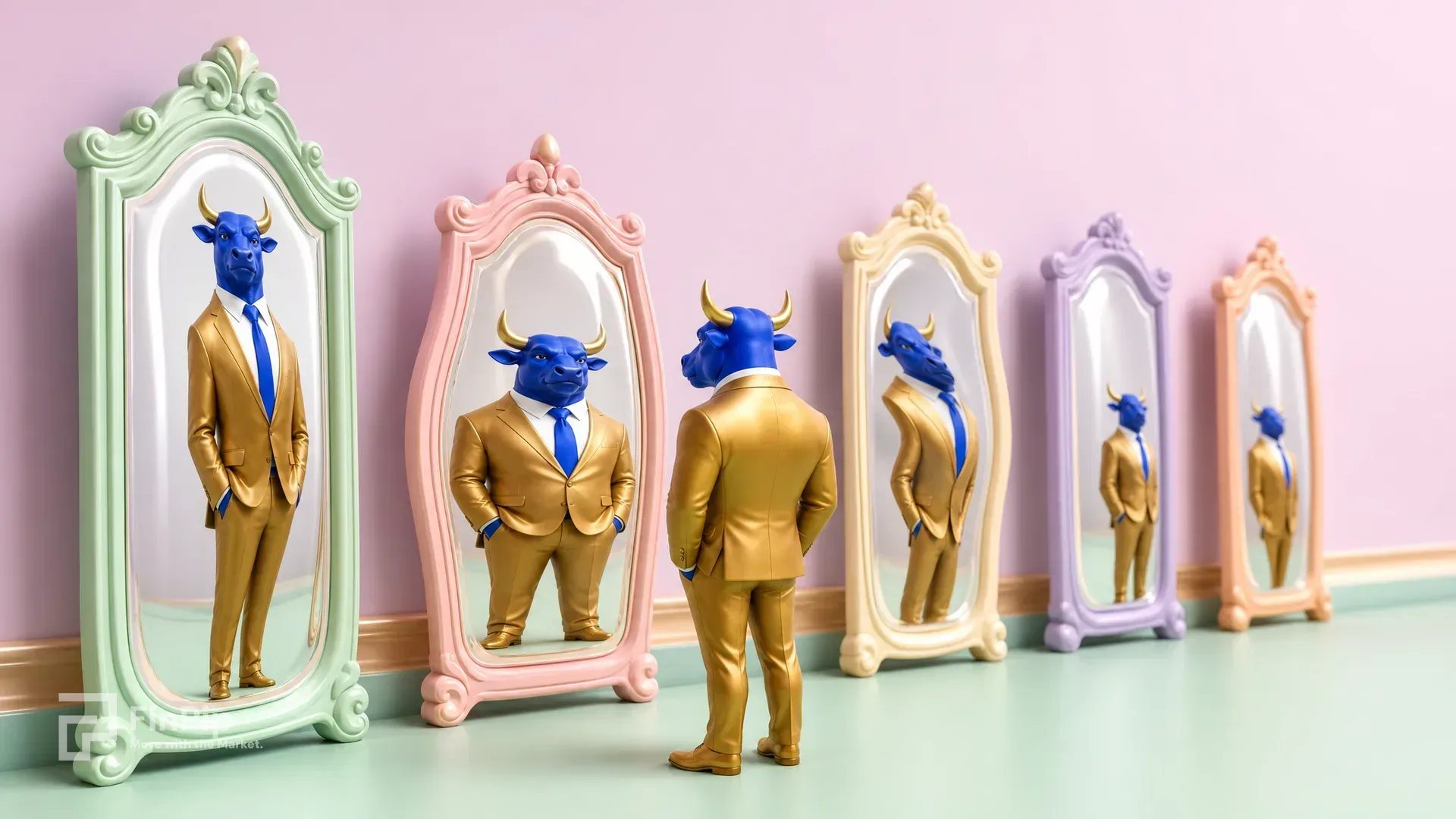 The FinPip bull mascot walks a path lined with soft pastel funhouse mirrors that subtly distort his reflection, representing biased thinking