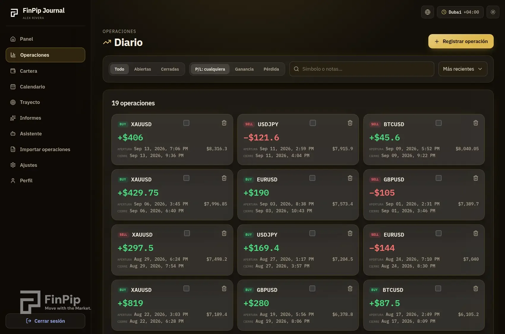 Página de operaciones de FinPip Journal con tarjetas de color y filtros