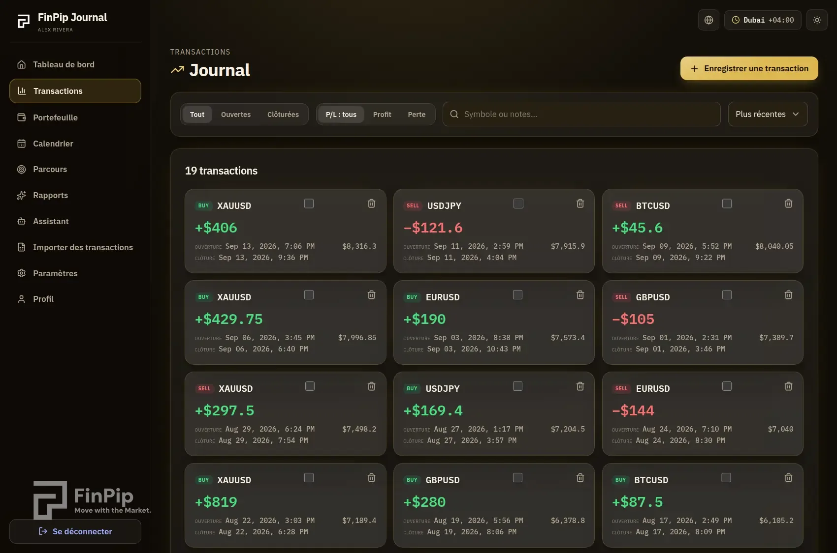 Page transactions de FinPip Journal avec des cartes colorées et des filtres